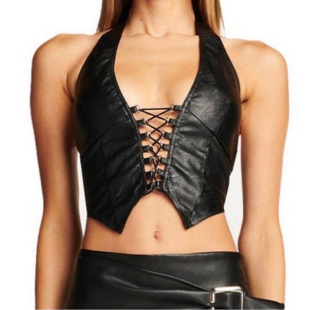 I.AM.GIA Black Vixra Faux Leather Lace-Up Crop Top